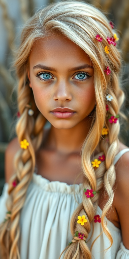 Create an image of a young Garifuna woman with long, wavy blonde hair, adorned with small, colorful flowers woven into her braids and loose strands. Her complexion is fair, with soft, glowing skin, and she has light blue eyes that gaze softly at the viewer. She wears a light, flowing dress with a gentle, ethereal quality, complementing her delicate and serene appearance. The background is slightly blurred, drawing focus to her tranquil expression and the intricate details of the flowers in her hair. The overall mood of the image is one of natural beauty and grace, evoking a sense of peacefulness and connection with nature.