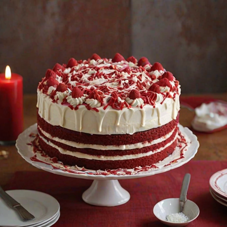 Create an image of a three-layer cake with red velvet layers and a creamy white frosting. The cake should be cut to show its interior, revealing alternating layers of red velvet and a light-colored cake. The top is decorated with swirls of frosting and drizzles of red icing. Include white chocolate shavings around the base of the cake and place it on a wooden cake stand. The background should be warm and inviting, enhancing the cake's appeal.