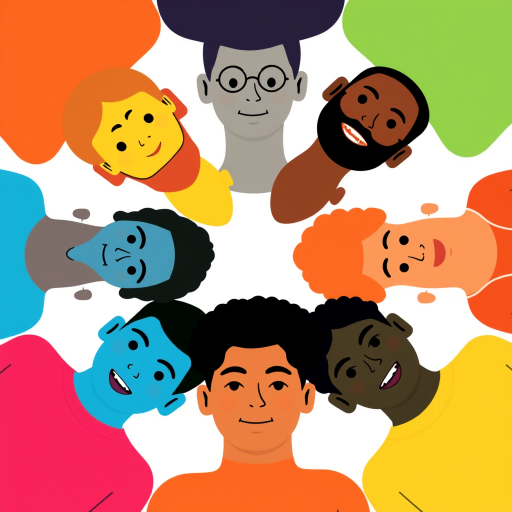 Create an illustration of six diverse human figures in a circular layout, using bold colors and simplistic designs, with a clean white background, captured with a Canon EOS R5 at f/4, ISO 100, and a 50mm lens for sharp detail and vibrant colors, in a flat design style.