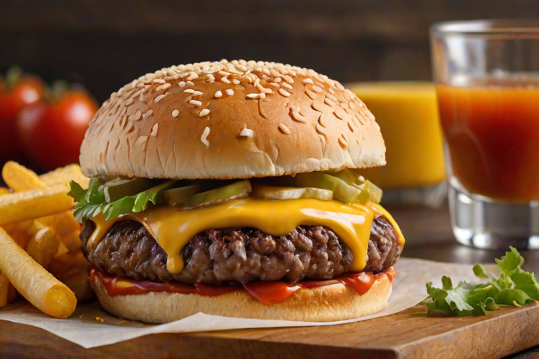 High-resolution, close-up image of a gourmet double cheeseburger. The burger features a glossy, sesame-seed-topped brioche bun. Inside, there are two thick, juicy beef patties, each topped with melted cheddar cheese. The burger is garnished with fresh lettuce, tomato slices, diced onions, and pickles. A generous amount of ketchup and a creamy, orange-colored sauce is dripping down the sides, adding to the mouth-watering appeal. In the background, there are blurred elements including a side of golden French fries and a hint of a beverage, enhancing the overall presentation of a delicious meal.