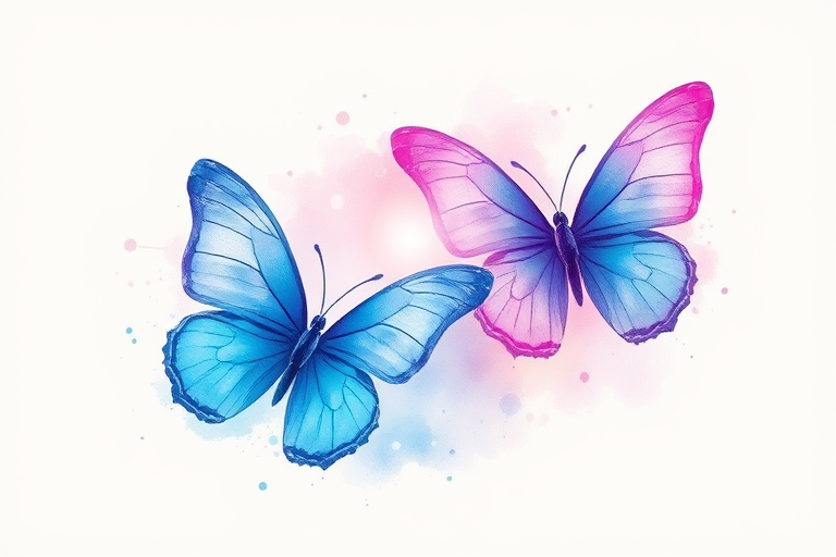 Create an image of two butterflies in soft pastel colors, with a watercolor effect. The butterflies should be predominantly blue with hints of purple and pink, surrounded by a gentle splash of colors that evoke a dreamy and ethereal atmosphere. The background should be minimalistic to emphasize the butterflies.