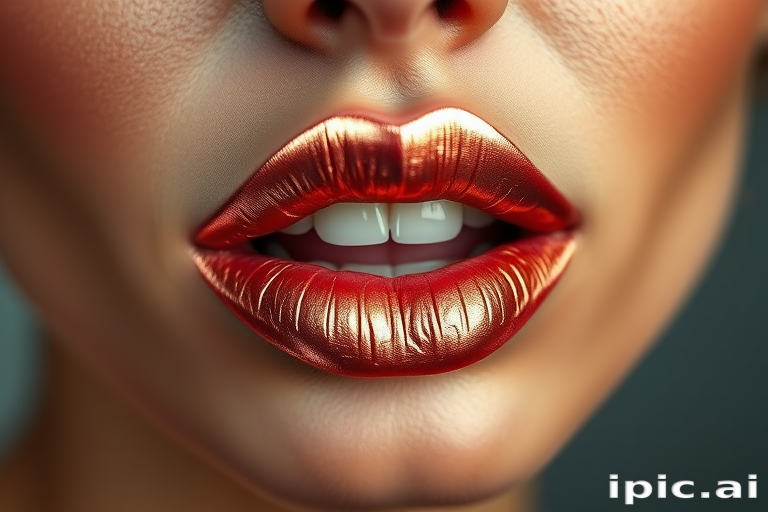 Metallic rose gold woman lips with shimmering finish, reflecting light beautifully, perfect for avant-garde makeup styles