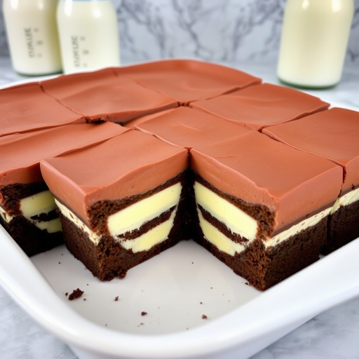 A delicious layered dessert with a smooth chocolate mousse topping over rich chocolate cake and creamy vanilla filling cut into squares served in a white dish with a marble background and milk bottles in the background.