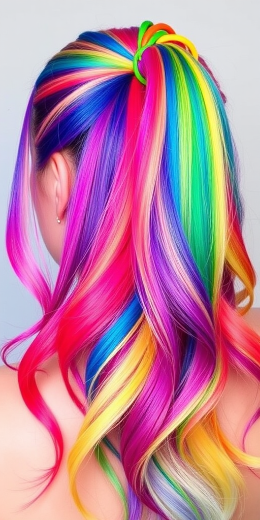 Vibrant rainbow hair with each section dyed a different hue, styled in a sleek, high ponytail with colorful hair rings, showcasing the playful "Prism Power" look