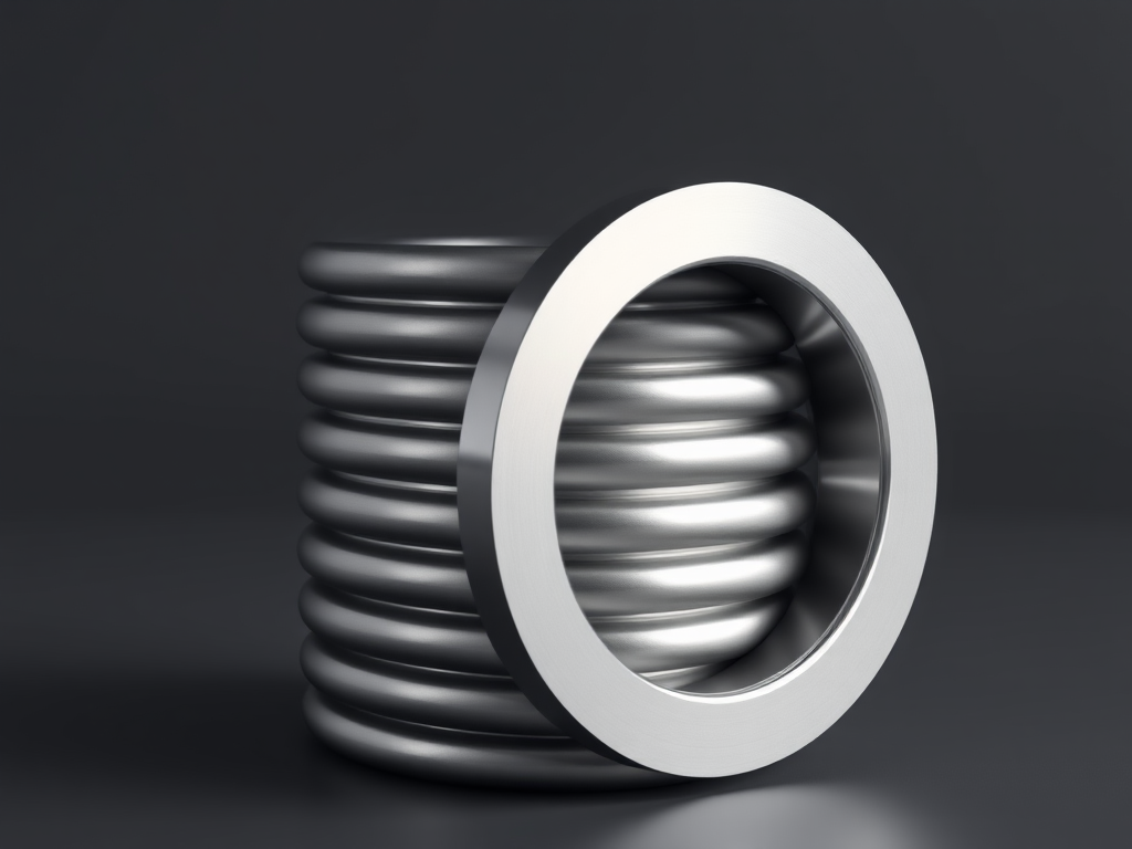 Create a high-resolution 3D rendering of a metallic cylindrical stack with a smooth surface, captured with a DSLR camera using a 50mm lens at f/8, 1/125 sec shutter speed, ISO 100, in a studio lighting setup with a softbox to enhance shadows and reflections.
