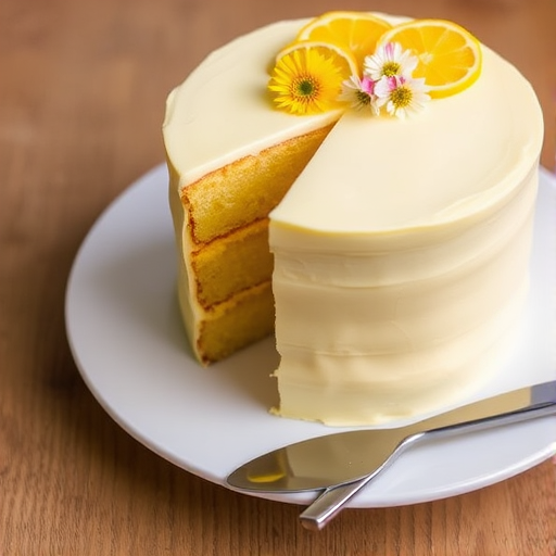 A three-layer lemon cake decorated with edible flowers and lemon slices on a white plate with a silver cake server beside it. The cake is light yellow with a smooth icing and has a slice cut out to reveal the layered interior.