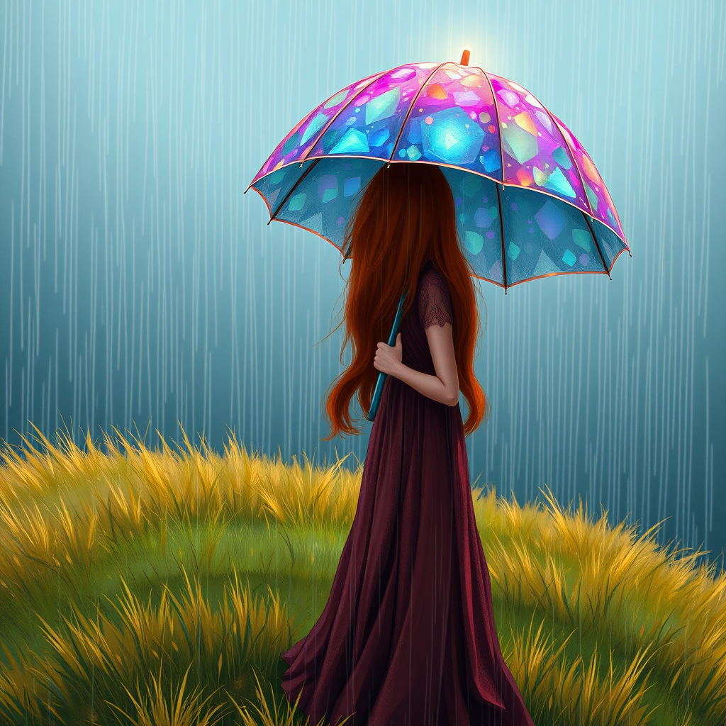 A surreal hand-drawn digital artwork depicting a mysterious red-haired woman standing on a grassy hill under the rain. She holds an umbrella crafted from iridescent zircon, its vibrant sheen contrasting with the soft, rainy atmosphere. The scene feels dreamlike, blending the natural elements of the hill and rain with the otherworldly shimmer of the umbrella.