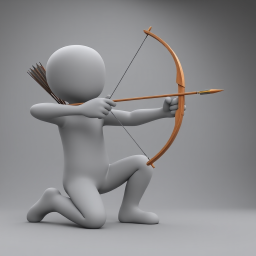 3D character model of a gray figure kneeling and aiming a wooden bow and arrow, studio lighting, 50mm lens, f/2.8 aperture, ISO 100, shot from a low angle for dramatic effect, high-definition rendering.