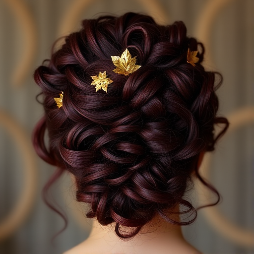 Rich burgundy curls piled high in a voluminous updo with cascading tendrils, adorned with delicate gold leaf accents for a regal, autumnal look dubbed Vineyard Empress