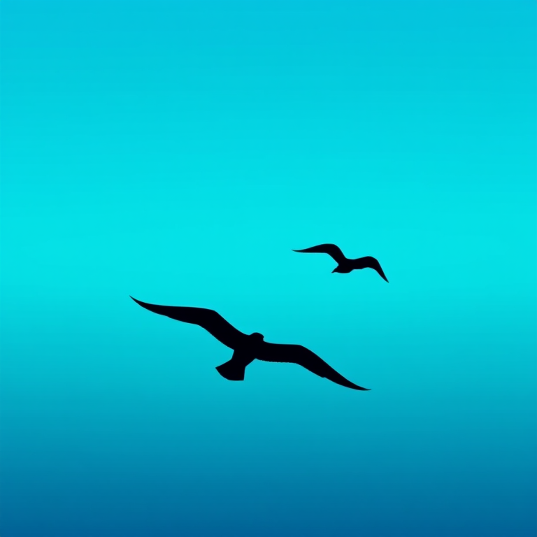 A minimalist design of two stylized black seagulls flying against a vibrant gradient background of blue and turquoise, captured with a DSLR camera at f/8, ISO 200, 50mm lens, wide-angle view, in high-resolution digital format.