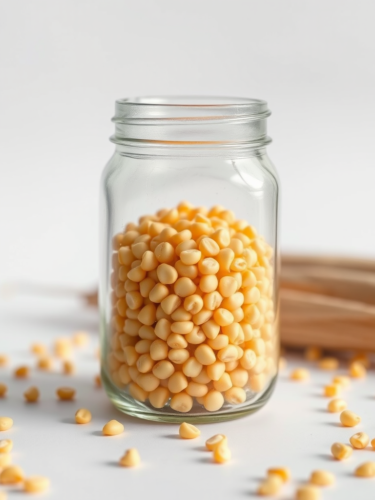 capture a close-up shot of a glass jar filled with corn kernels on a white background, using a DSLR camera with a 50mm lens, aperture set to f/1.8 for a shallow depth of field, ISO 200 for clarity, and natural lighting for enhanced color vibrancy