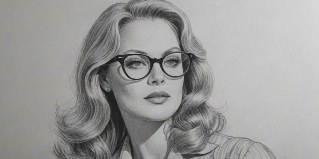 Gorgeous Beverly D'Angelo, pencil sketch, portrait of Resplendent woman 1943s in glasses, hair style beatnik, outline, clear lines, fine lines, 8k