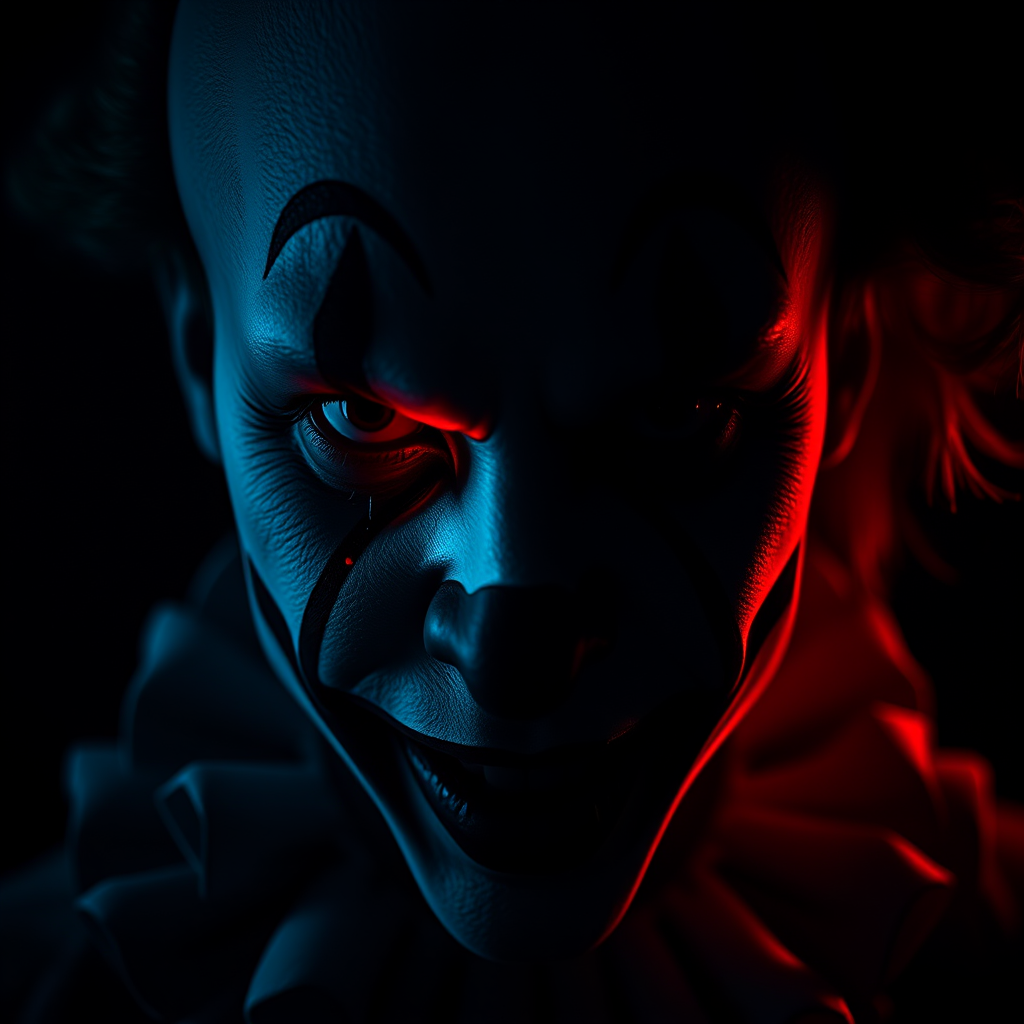 Create a dark, atmospheric portrait of a split-faced clown character with one half in shadow and the other illuminated in red light, using a Canon EOS R5 with a 50mm lens at f/1.8, ISO 400, 1/60 sec, shot in low light for dramatic effect, capturing intricate details and textures on the face.