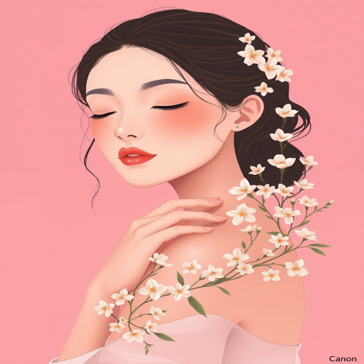 Create an illustration of a serene figure with a soft expression against a gradient pink background, incorporating delicate floral elements intertwined around the figure's hand and shoulder, using a Canon EOS R5 camera with a 50mm f/1.2 lens, aperture set at f/2, ISO 100, and a shallow depth of field to enhance the softness and details of the flowers.