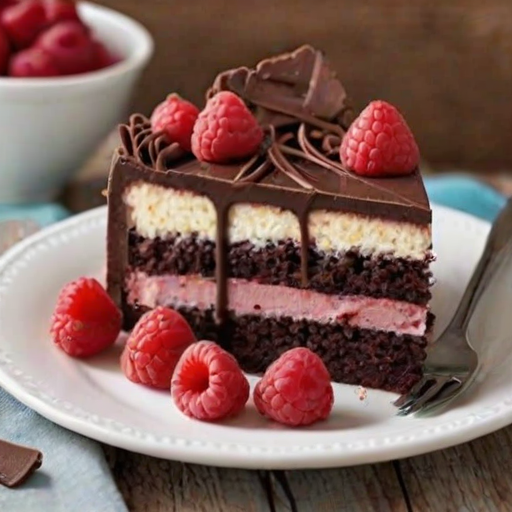 Create an image of a slice of layered cake on a white plate. The cake should have distinct layers: a rich chocolate base, a creamy white layer, and a raspberry layer on top. Decorate the top with fresh raspberries and chocolate shavings. Place a few raspberries and chocolate curls around the plate for presentation. The background should be a rustic wooden table.