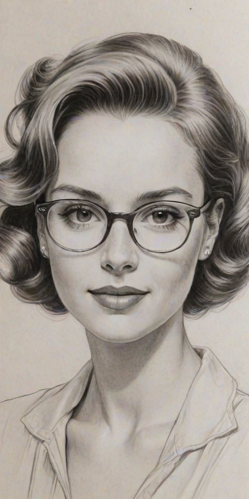 Exquisite Alicia Goranson, pencil sketch, portrait of Delightful woman 1953s in glasses, hair style beatnik, outline, clear lines, fine lines, 8k
