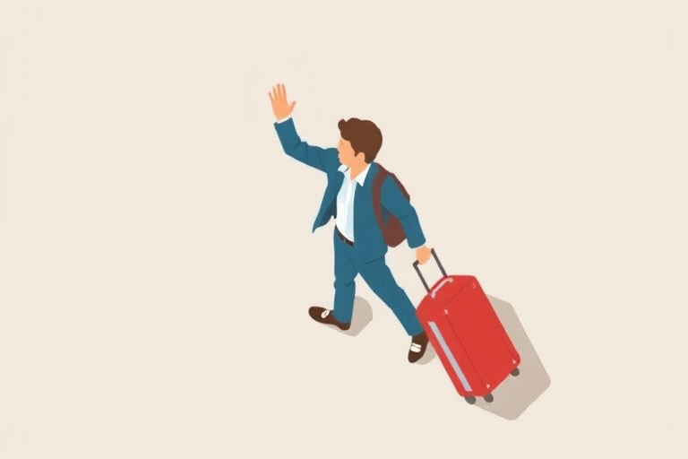 Create a minimalist vector illustration of a person waving with a suitcase, use high resolution, top-down view, flat design style, and digital illustration techniques for clarity.