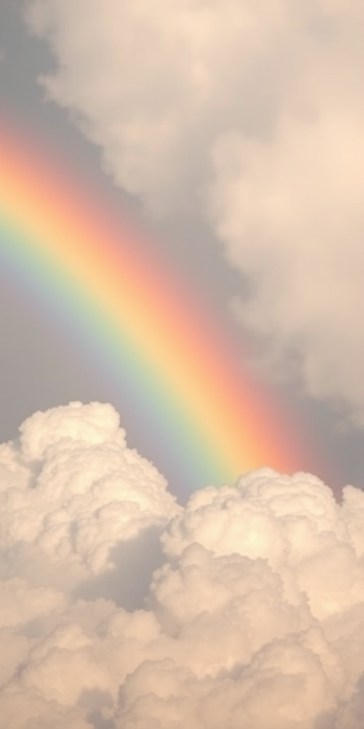 Generate a vibrant rainbow arching over fluffy white clouds, outlined in bright colors, with a soft focus effect, using a DSLR camera with an aperture of f/2.8, ISO 100, and a focal length of 50mm, in natural light with a slight vignette effect for enhanced image quality.