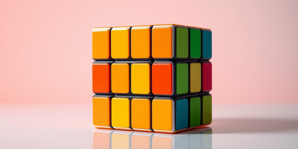 Create a high-resolution 3D rendering of a Rubik's Cube with vibrant colors, using a DSLR camera with a 50mm lens, aperture set to f/1.8, ISO 100, view from a slightly elevated angle to capture depth, and soft lighting to enhance reflections on the surface.