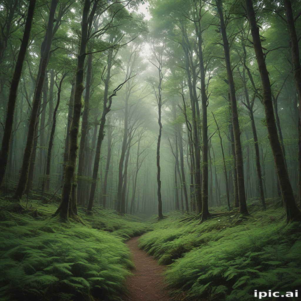 A Tranquil Pathway Through a Lush Green Forest Surrounded by Mist.