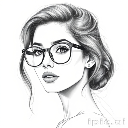 hot mia khalifa, pencil sketch, portrait of beautiful woman 60s in glasses, hair style beatnik, outline, clear lines, fine lines, 8k