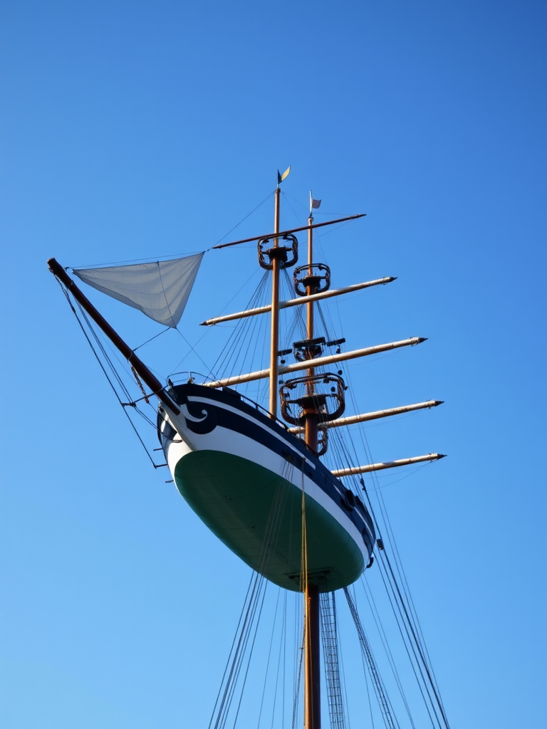Create an image of a traditional sailing ship with three masts, viewed from a low angle against a clear blue sky, using a DSLR camera with a 50mm lens, aperture set to f/8, ISO 100, and a shutter speed of 1/200s for enhanced clarity and detail.