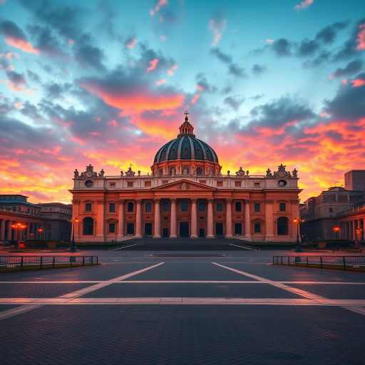 regenerate this image of St. Peter's Basilica in Vatican City at sunset, with a Canon EOS R5, 24mm lens, f/8 aperture, ISO 100, 1/200 sec shutter speed, capturing a wide view with vibrant colors and dramatic clouds in the sky.