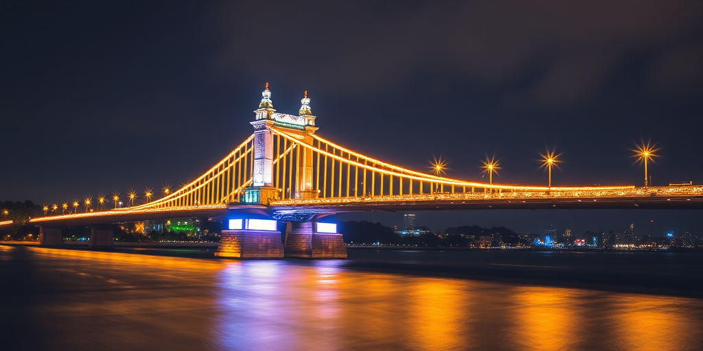 Create a vibrant digital artwork of a bridge with towers at night, illuminated in golden lines with sparkling lights, using a Canon EOS R5 camera, f/1.8 aperture, 24mm lens, ISO 100, long exposure setting, and a high dynamic range view to enhance the image quality.