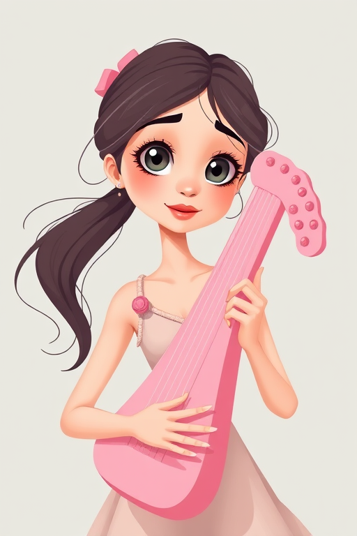 Create an illustration of a young woman with large expressive eyes playing a pink lyre, in a soft pastel color palette, from a slightly low angle to enhance depth, using vibrant cartoon style, with a high-resolution setting of 300 DPI, and a 50mm lens for a sharp focus effect.
