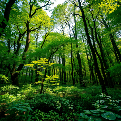 Generate a high-resolution image of a lush forest with vibrant greenery, use a Canon EOS R5, 50mm lens, aperture f/1.8, ISO 100, shot in natural light from a low angle to enhance depth and detail.