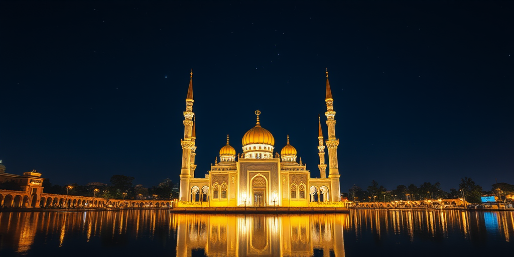 high-resolution night shot of an illuminated mosque with golden domes and minarets reflecting in water, DSLR camera, f/2.8 aperture, ISO 100, 24mm lens, long exposure for enhanced light capture, twilight setting with starry sky background