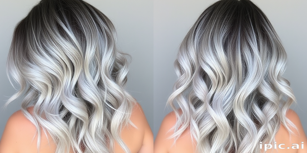 Ethereal silver ombre with soft waves, dubbed "Moonlit Mist," transitions from dark roots to a luminous, ethereal silver that seems to glow