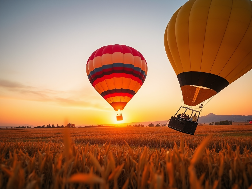 hot air balloon floating over a golden field during sunset, low angle view, shallow depth of field, DSLR camera, aperture f/2.8, ISO 100, focal length 50mm, vibrant colors, sharp details, soft background blur