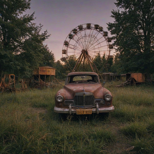 Abandoned fairground at twilight, rusted rides and overgrown grass, a woman explores cautiously, her camera capturing the eerie beauty of the forgotten place.