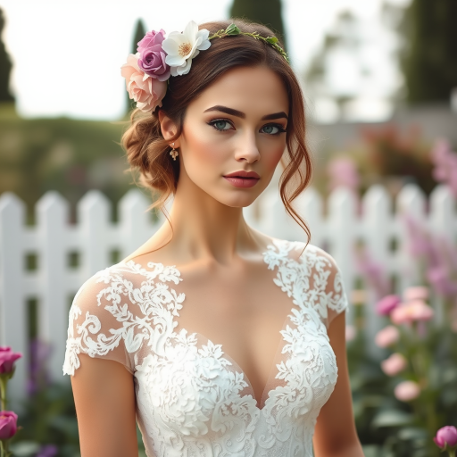 Garden scene, bridal model, delicate lace gown, floral headpiece, soft romantic focus, high-key lighting and an 85mm lens for soft, even tones that highlight the model’s face and bright outfit against a white or light background