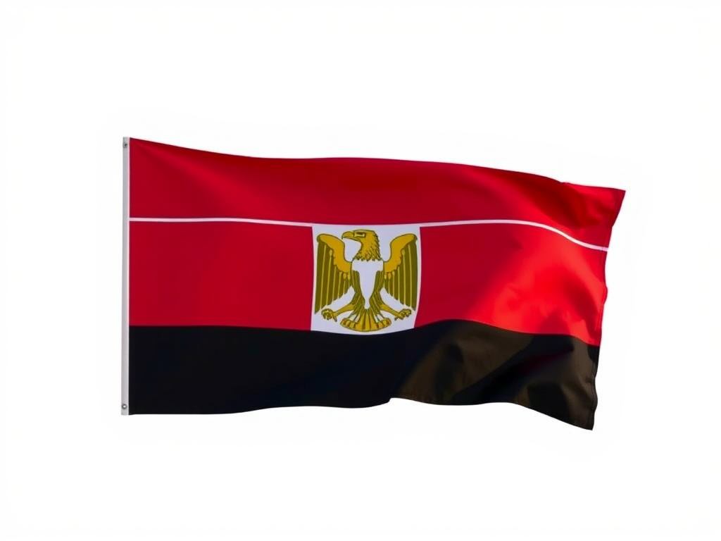 Create an image of the flag of Egypt featuring a red top stripe, a white middle stripe, and a black bottom stripe with the golden eagle emblem in the center, captured with a DSLR camera at f/8 aperture, ISO 100, 24mm focal length, shot from a straight-on view for clarity and vibrant colors.