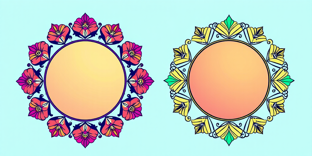 Create a vibrant illustration of four decorative circular frames featuring floral and geometric designs, bright colors with a smooth gradient, using a Canon EOS R5 camera with a 50mm f/1.2 lens, f/8 aperture, ISO 100, and natural light for even exposure.