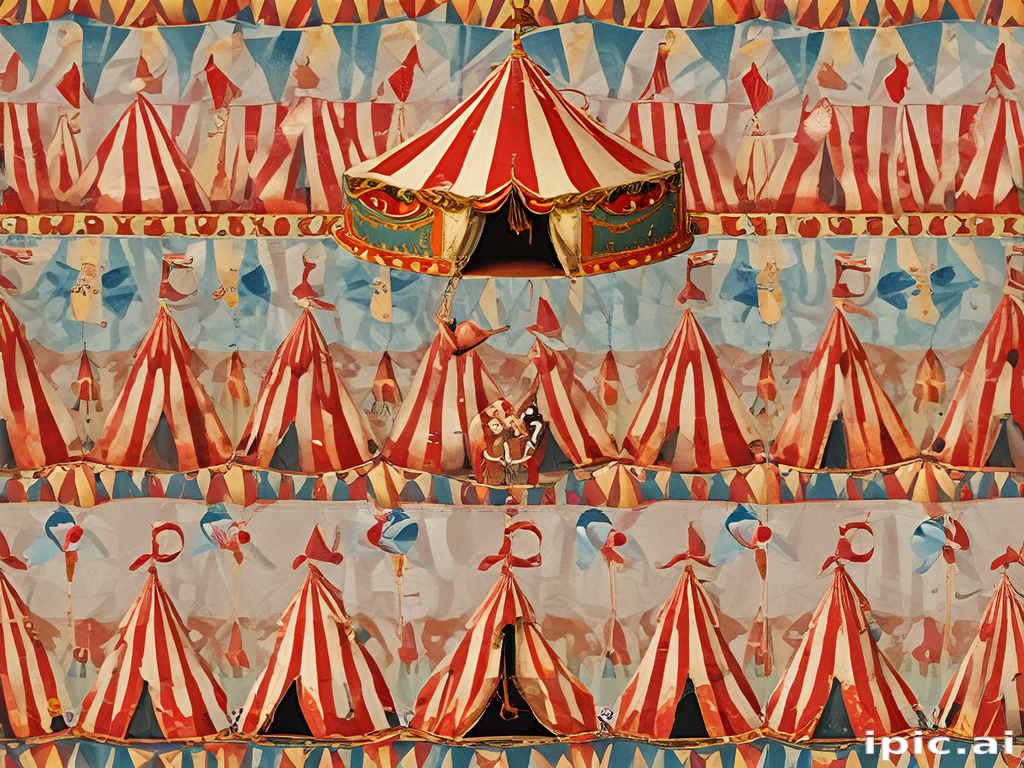 Colorful Circus Tents Under a Bright Blue Sky with Whimsical Decorations