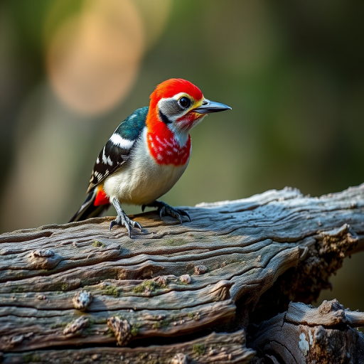Regenerate the image of a woodpecker perched on a textured log with vivid colors, using a DSLR camera, 50mm lens, f/2.8 aperture, 1/250 shutter speed, natural lighting, and a slight offset view to enhance depth and detail.