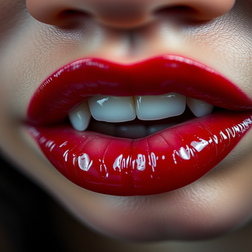 Create a hyper-realistic image of glossy red lips with a prominent white fang, shot with a Canon EOS R5 at f/1.4, ISO 100, 50mm lens, using a macro perspective to enhance texture and detail.