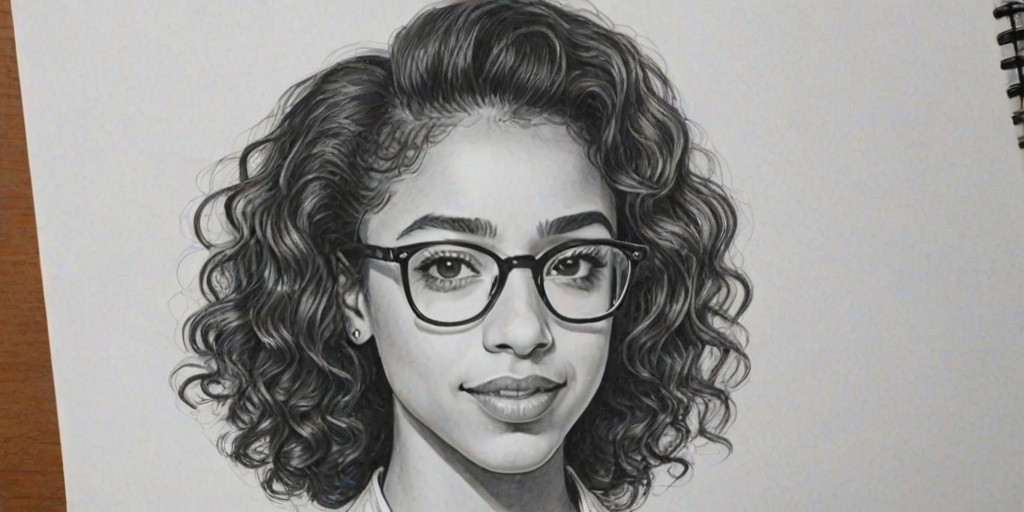 Superb Liza Koshy, pencil sketch, portrait of Sublime woman 1970s in glasses, hair style beatnik, outline, clear lines, fine lines, 8k
