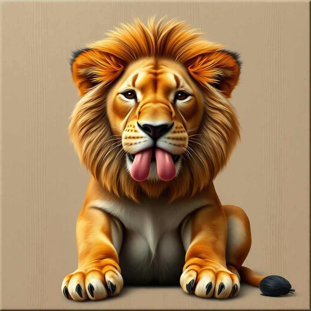 photorealism. a lion, sitting, doing duck face with its lips. plain wood panel bg
