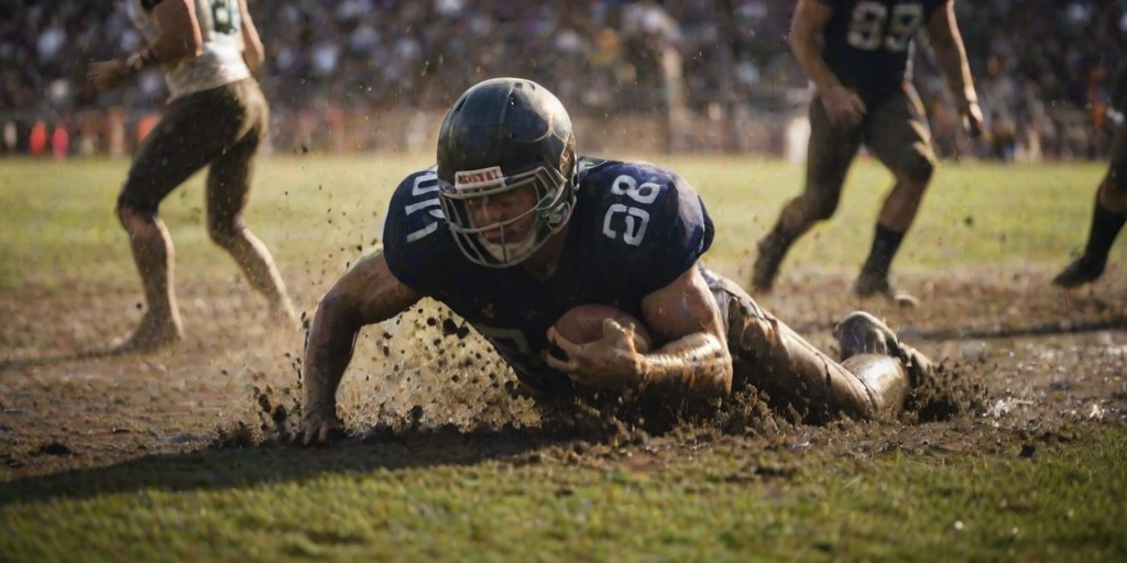 Blurry action shot of a football player diving for a touchdown, mud splashing up from the field, intense concentration on their face, the crowd roaring in the background, stadium lights casting harsh shadows on the field, focus on the ball in their hands.