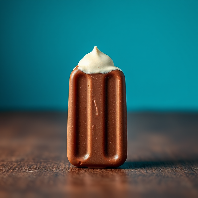 Create a high-resolution image of a chocolate-covered ice cream bar with a smooth creamy top, using a Canon EOS 5D Mark IV, 50mm lens, f/2.8 aperture, ISO 100, natural lighting, with a shallow depth of field to emphasize the ice cream texture against a solid color background.