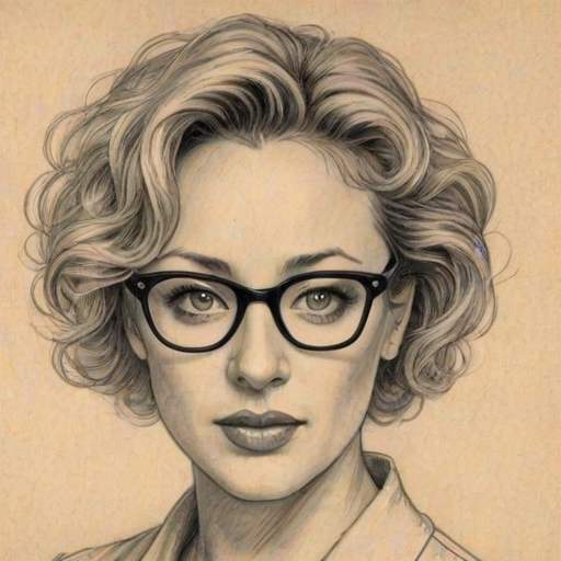 Superb Virginia Madsen, pencil sketch, portrait of Fascinating woman 1925s in glasses, hair style beatnik, outline, clear lines, fine lines, 8k