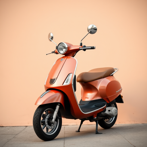Vespa scooter parked against a plain background, taken with a DSLR camera at f/2.8 aperture, 1/250s shutter speed, ISO 100, 35mm lens, with a shallow depth of field for a soft background blur, using natural lighting to highlight the scooter's details and colors.