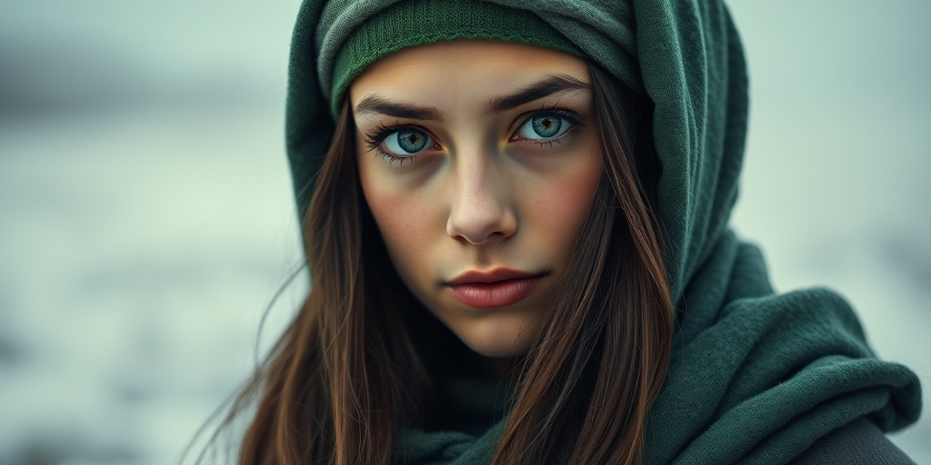 Create a portrait of a young Sami woman with long, dark hair and captivating hazel eyes. She is wearing a green headscarf and a matching scarf draped gracefully around her neck. The background is softly blurred, focusing attention on her serene and natural expression. The overall color palette is muted and warm, enhancing the intimate and authentic feel of the portrait.