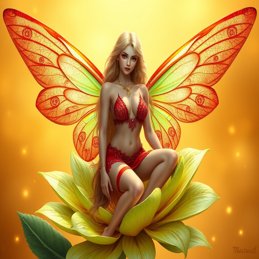 A digital artwork features a winged fairy with delicate Salmon butterfly wings, adorned with intricate Juniper andFern patterns. She is seated on a vibrant Lime flower, wearing a revealing red two-piece outfit with sparkling beadwork. Her fair skin, long blonde hair, and gold jewelry add to her ethereal appearance. The background is a warm, golden gradient, creating a magical atmosphere. Small glowing orbs and sparkles surround the flower, enhancing the enchanting, highly detailed, and realistic scene.