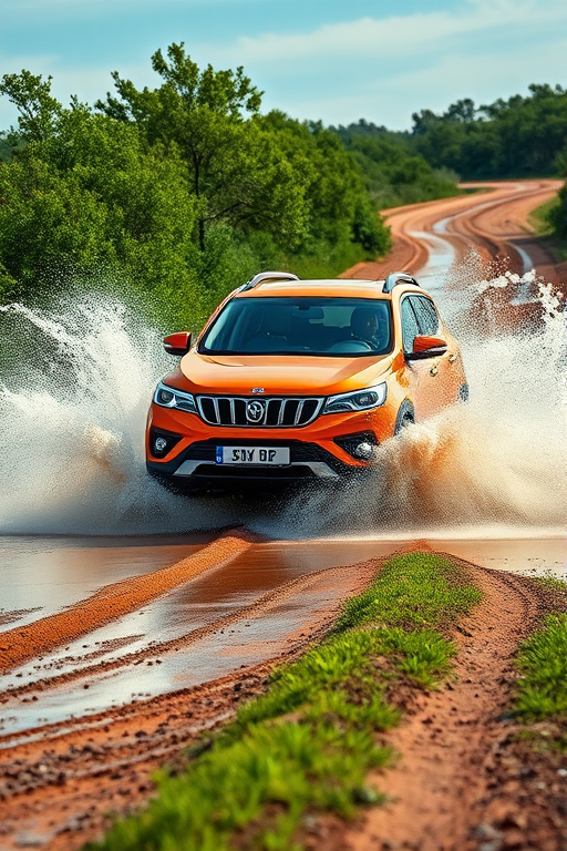 Capture a high-resolution image of a bright orange SUV splashing through water on a dirt road surrounded by greenery, using a DSLR camera with a 50mm lens, f/2.8 aperture, ISO 100, and a shutter speed of 1/500 seconds, shot from a low angle to emphasize the action.