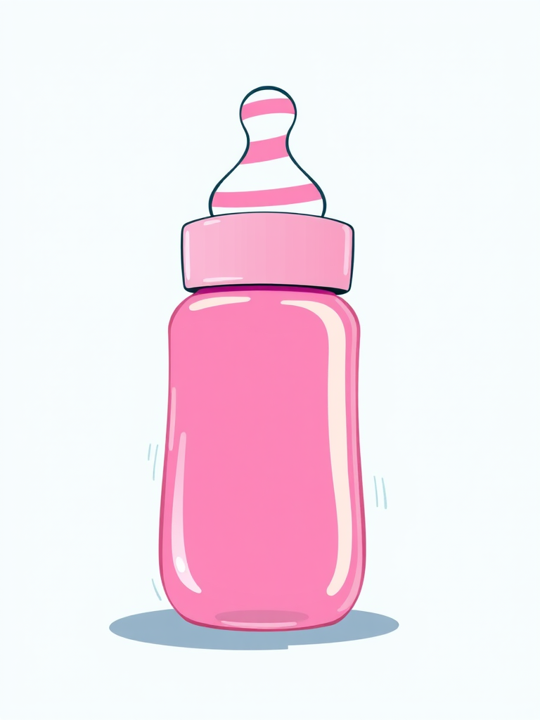 Create a high-resolution illustration of a cartoon baby bottle with a pink body and striped cap, using a digital drawing tablet, view from a slightly elevated angle, with a focus on vibrant colors and smooth lines, at 300 DPI, employing a soft brush texture for added depth and detail.